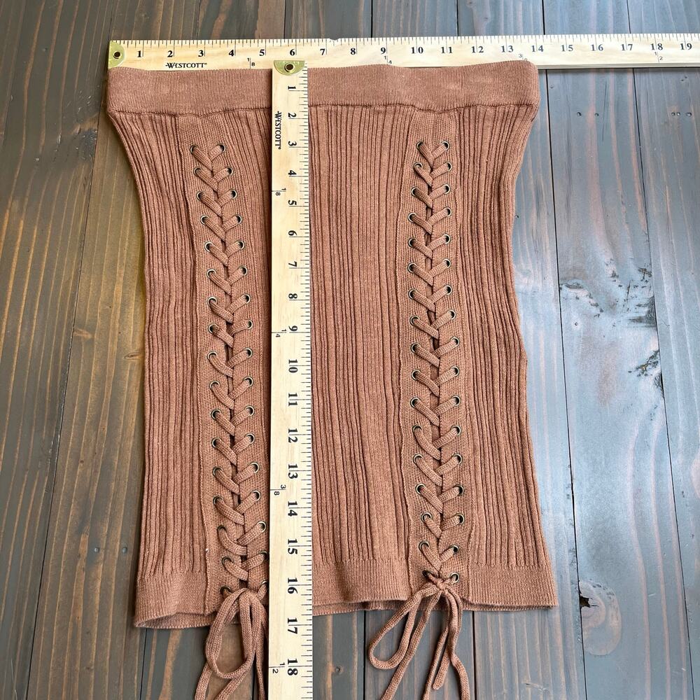 NBD Carden Laced Knit Mini Skirt Camel Brown Ribbed Side Tie Revolve M NWT - Picture 12 of 13